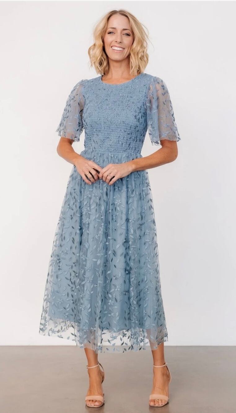 Baltic Born Dusty Blue Embroidered Midi Dress